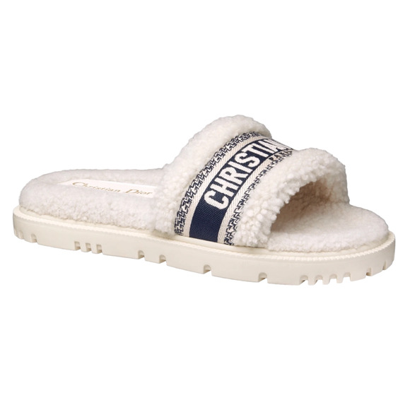 Christian Dior Dway Blue White Shearling Fur Logo Chunky Slide Flat Sandal 40 - Picture 1 of 12